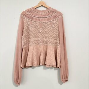 Free People Mauve Dusty Pink Lace Detailed Peplum Victorian Style Blouse